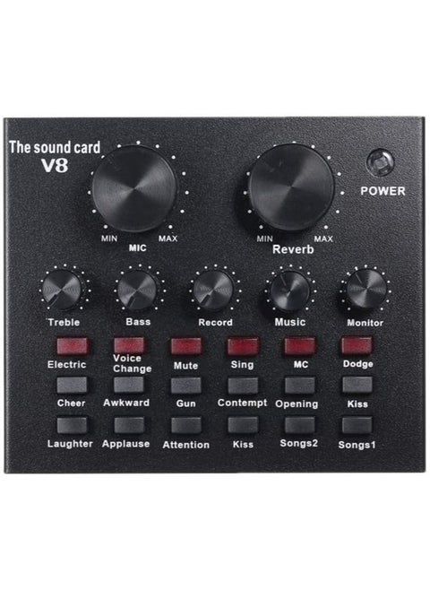 V8 Multifunctional Live Sound Card USB Audio Interface Intelligent Volume Adjustable Audio Mixer Sound Card for Recording Hosting Speech