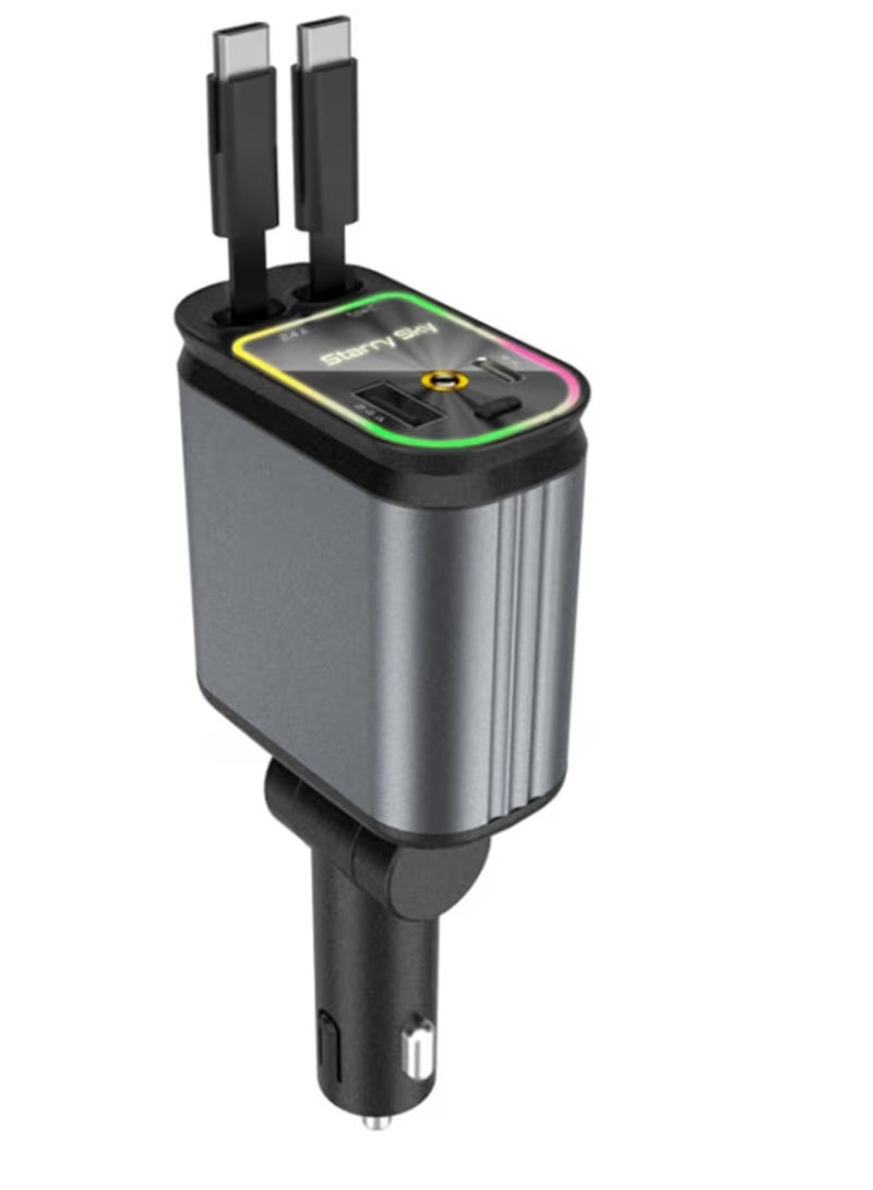 شاحن سيارة سريع 4 في 1 بقدرة 120 واط مع كابل قابل للسحب، منفذ Type‑C + USB، وتقنية PD 3.0 وإضاءة LED - Image 1