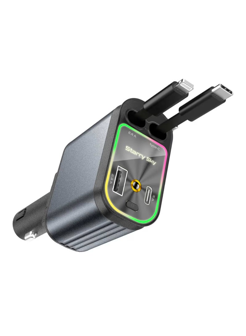 شاحن سيارة سريع 4 في 1 بقدرة 120 واط مع كابل قابل للسحب، منفذ Type‑C + USB، وتقنية PD 3.0 وإضاءة LED - Image 2