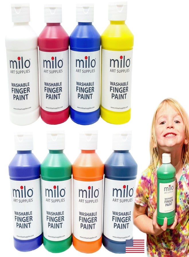 milo Kid's Washable Finger Paint Set of 8 Colors | 8 oz Bottles | Safe and Non-Toxic | Made in the USA | Art & Craft Paints for Kids, Toddlers, Pre School Supplies Painting Set for Children | Easy Pour and Squeeze Bottles - Image 1