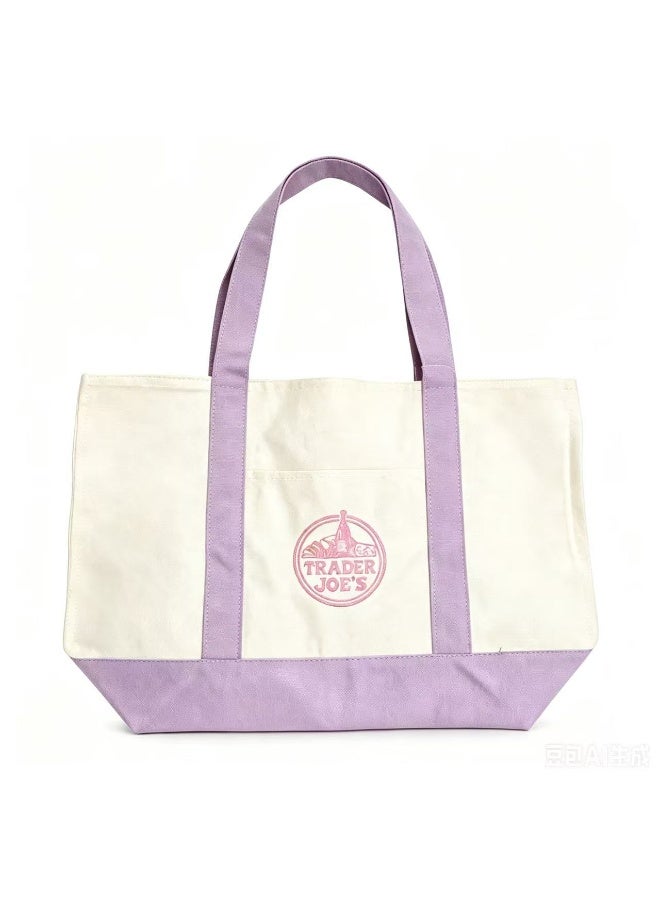 Trader Joe's Large Canvas Reusable Grocery Shoulder Tote Bag with Blank Surface for Personal DIY Painting Sticker Decorations- Lavender Purple - Image 1