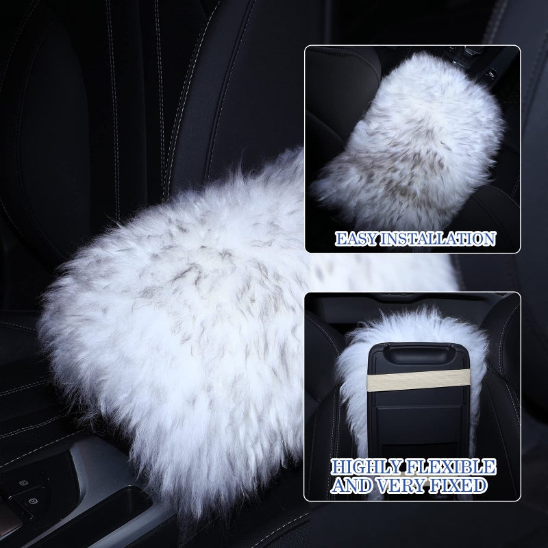 Frienda Furry Armrest Cover Auto Center Console Cover Car Soft Console Pad, Real Sheepskin Wool Soft Fluffy Auto Center Armrest Pad for Most Car Decoration Protector(Gray) - Image 4