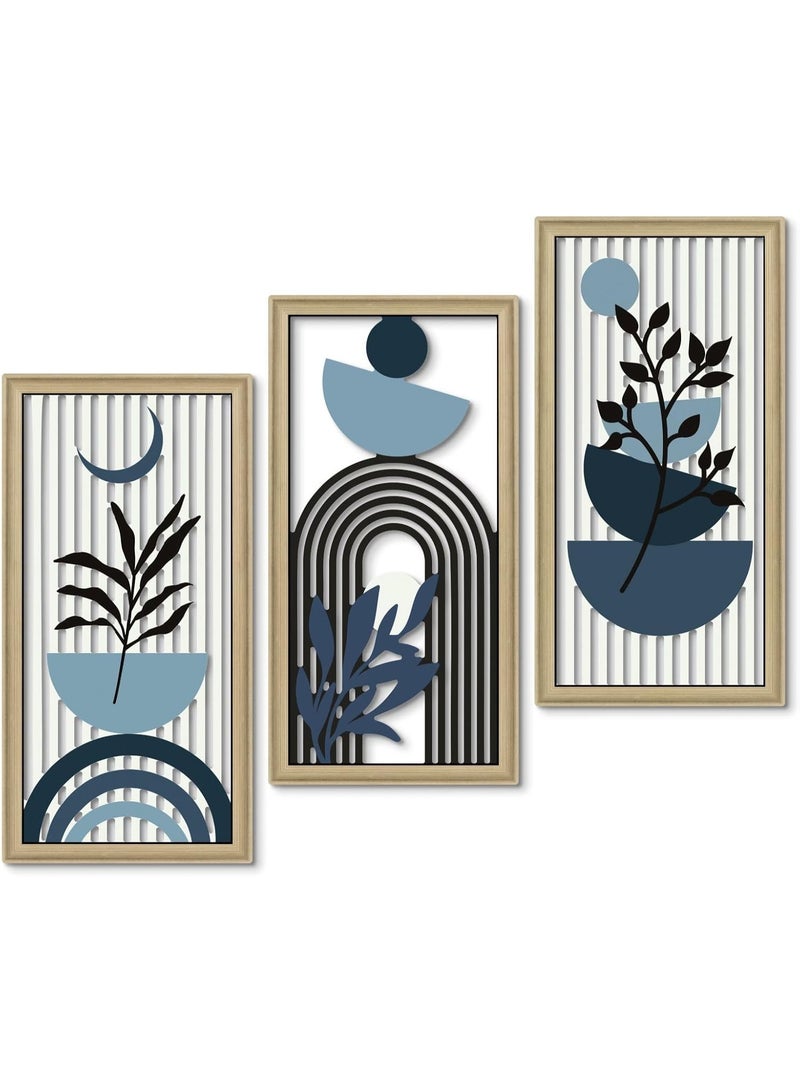 Bukela Decor Boho Abstract Wall Art, Set of 3, Modern Botanical Wooden Wall Decor, Blue Mid-Century Minimalist Framed Artwork for Living Room Bedroom, Office - Image 1