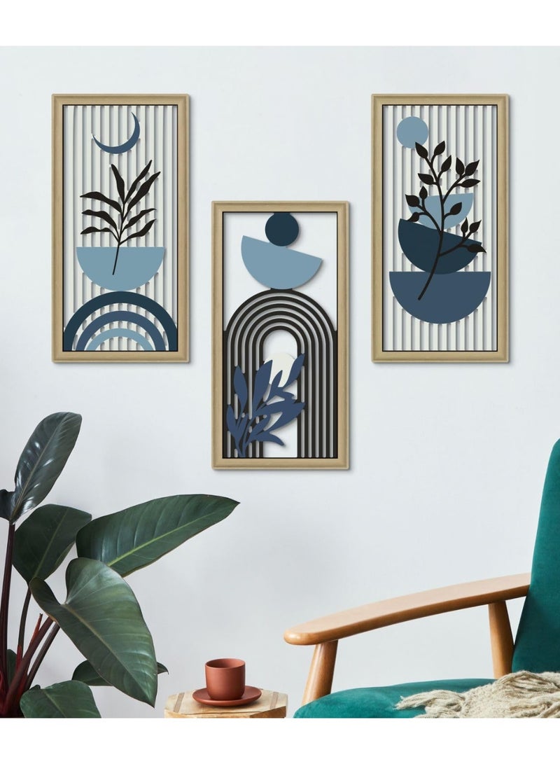 Bukela Decor Boho Abstract Wall Art, Set of 3, Modern Botanical Wooden Wall Decor, Blue Mid-Century Minimalist Framed Artwork for Living Room Bedroom, Office - Image 4