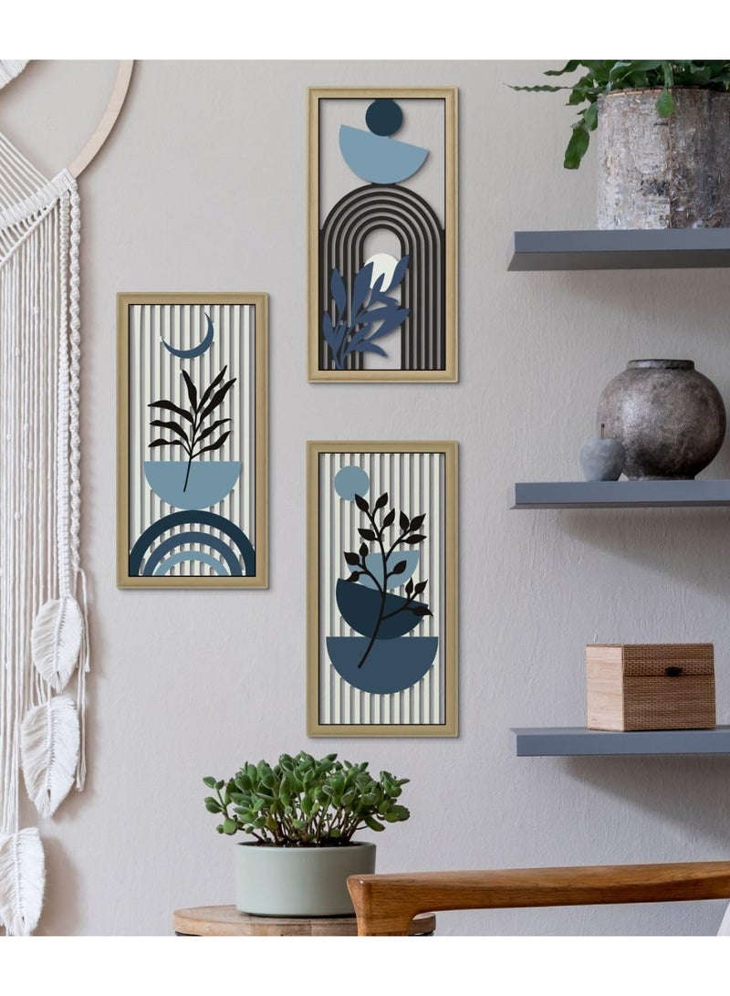 Bukela Decor Boho Abstract Wall Art, Set of 3, Modern Botanical Wooden Wall Decor, Blue Mid-Century Minimalist Framed Artwork for Living Room Bedroom, Office - Image 5