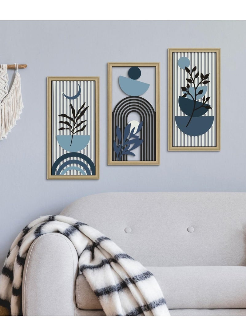 Bukela Decor Boho Abstract Wall Art, Set of 3, Modern Botanical Wooden Wall Decor, Blue Mid-Century Minimalist Framed Artwork for Living Room Bedroom, Office - Image 2