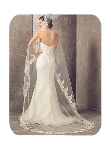 Unsutuo Cathedral Wedding Veil 1 Tier Lace Applique Bridal Veil Long Tulle Veil with Comb for Women and Bride (Ivory) - Image 1
