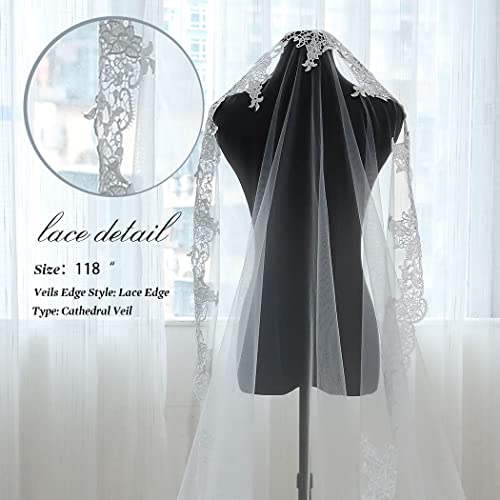 Unsutuo Cathedral Wedding Veil 1 Tier Lace Applique Bridal Veil Long Tulle Veil with Comb for Women and Bride (Ivory) - Image 5