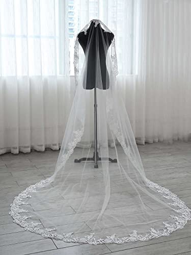 Unsutuo Cathedral Wedding Veil 1 Tier Lace Applique Bridal Veil Long Tulle Veil with Comb for Women and Bride (Ivory) - Image 4