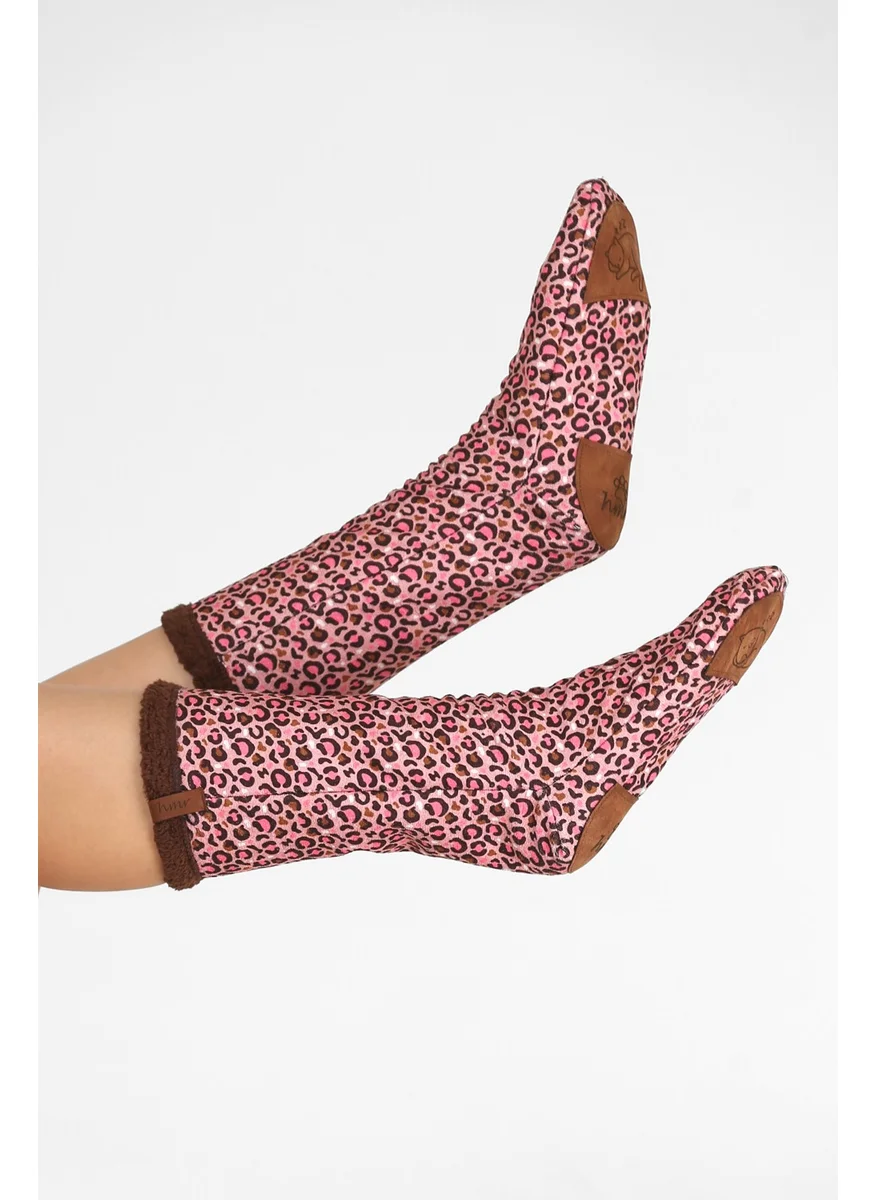 Hamur Dough Women's Colorful Patterned Winter Socks Anti-Slip Booties CRP-046 Leopard Brown Wellsoft