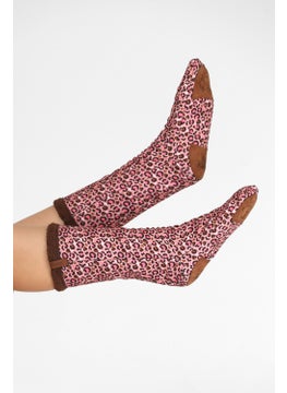 Hamur Dough Women's Colorful Patterned Winter Socks Anti-Slip Booties CRP-046 Leopard Brown Wellsoft  - Image 3