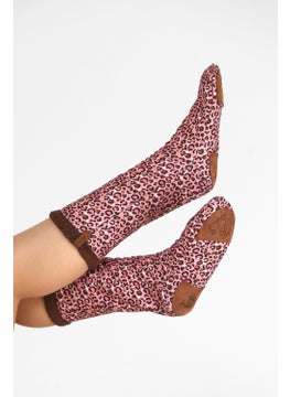 Hamur Dough Women's Colorful Patterned Winter Socks Anti-Slip Booties CRP-046 Leopard Brown Wellsoft  - Image 1