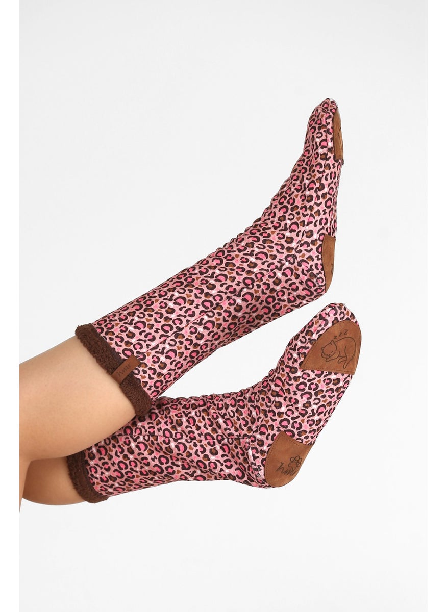 Hamur Dough Women's Colorful Patterned Winter Socks Anti-Slip Booties CRP-046 Leopard Brown Wellsoft  - Image 1
