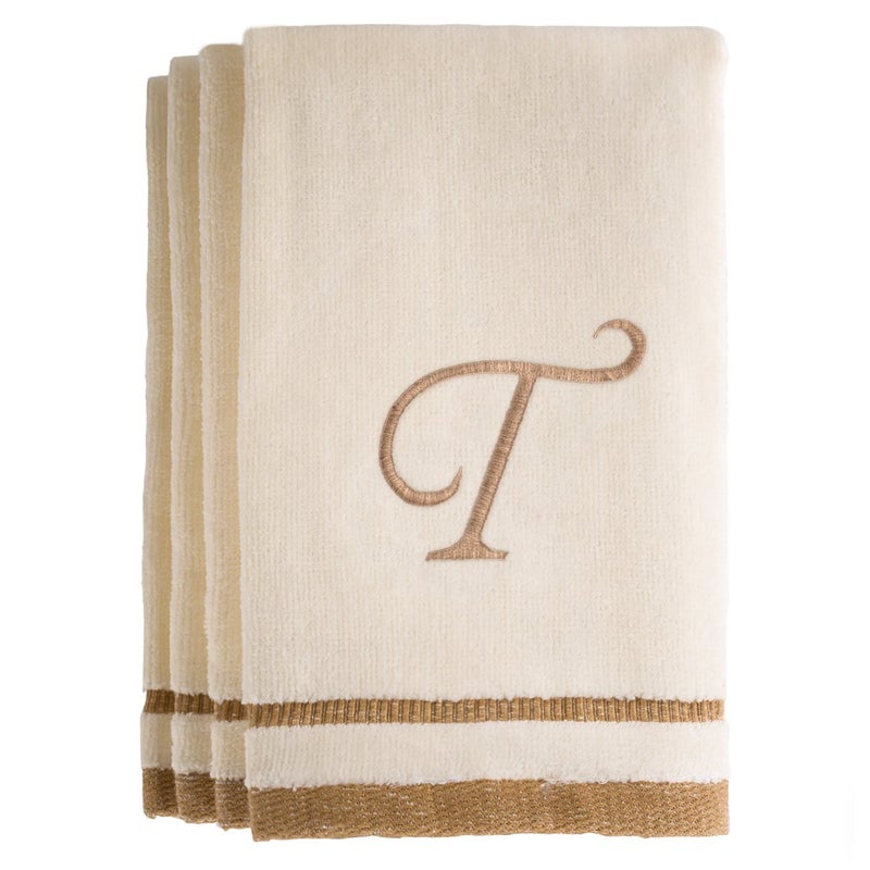 Creative Scents Monogrammed Gifts, Fingertip Towels, 11 x 18 Inches - Set of 4- Decorative Golden Brown Embroidered Towel - Extra Absorbent 100% Cotton- Personalized Gift- For Bathroom/ Kitchen- Initial T (Ivory) - Image 1