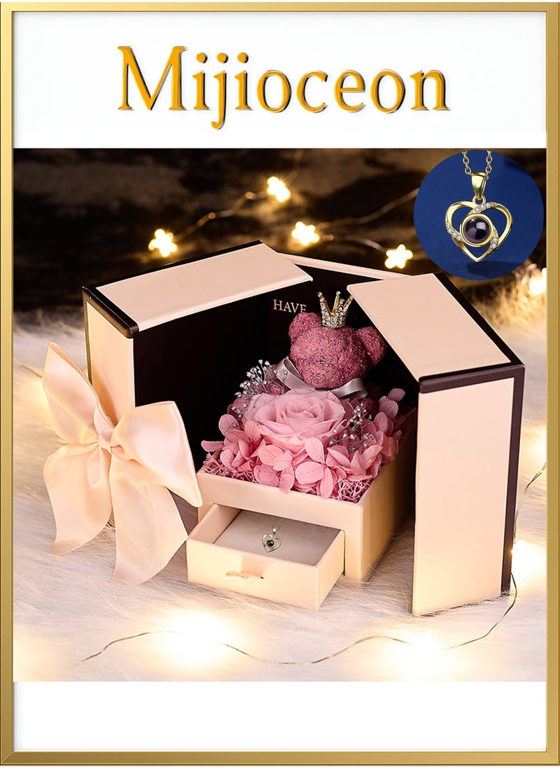 Mijioceon Preserved Rose Moss Bear with Necklace Rose Gifts with Light for Women Girlfriend Wife Mom Grandma Birthday Christmas Valentines Mothers Day Anniversary Wedding Thanksgiving  - Image 1