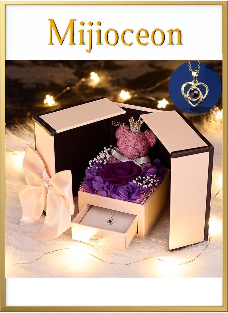 Mijioceon Preserved Rose Moss Bear with Necklace Rose Gifts with Light for Women Girlfriend Wife Mom Grandma Birthday Christmas Valentines Mothers Day Anniversary Wedding Thanksgiving  - Image 4