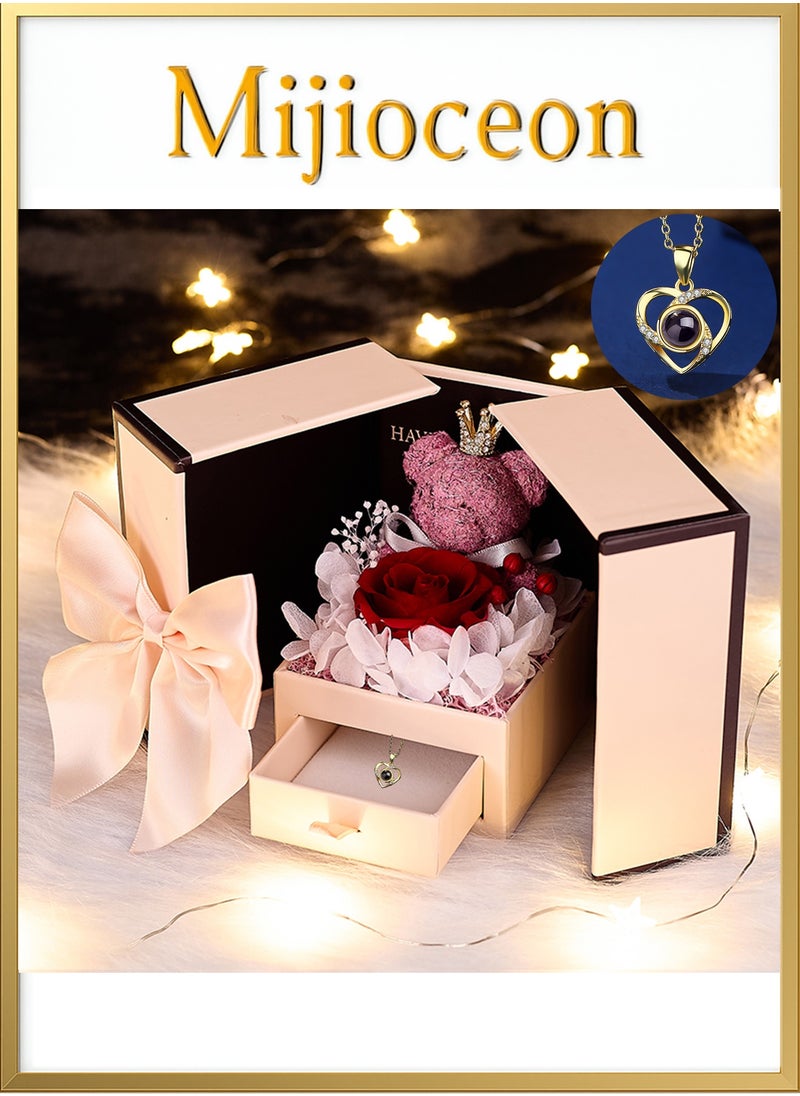 Mijioceon Preserved Rose Moss Bear with Necklace Rose Gifts with Light for Women Girlfriend Wife Mom Grandma Birthday Christmas Valentines Mothers Day Anniversary Wedding Thanksgiving  - Image 2