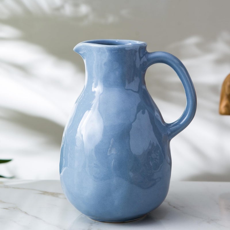 Kimdio Blue Ceramic Vase with Handle Modern Pitcher Vase for Home Decor Nordic Pottery Vase Decorative Flower Vase Clay Vase Centerpieces for Living Room