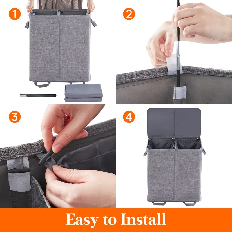 Lifewit Double Laundry Hamper with Lid and Removable Laundry Bags, Large Collapsible 2 Dividers Dirty Clothes Basket with Handles for Bedroom, Laundry Room, Closet, Bathroom, College, 136L Gray - Image 3