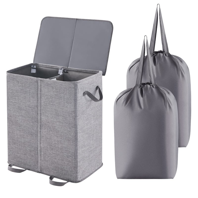 Lifewit Double Laundry Hamper with Lid and Removable Laundry Bags, Large Collapsible 2 Dividers Dirty Clothes Basket with Handles for Bedroom, Laundry Room, Closet, Bathroom, College, 136L Gray - Image 1