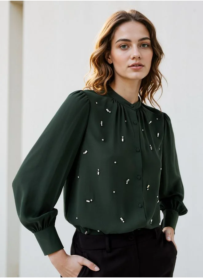 ايكونيك Embellished Top with Puff Sleeves