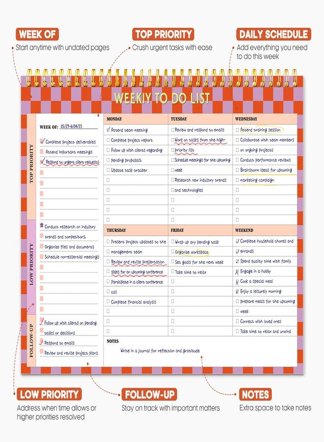 Taja Weekly To Do List Notepad-Weekly Desk Planner with 52 Undated Sheets (8.5"×11") for Work and Home Use, Perfect for Women & Man - Sunset Checkered - Image 2