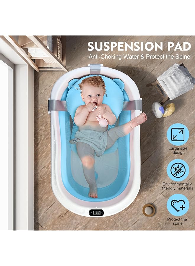 SKY-TOUCH Baby Foldable Bath Tub With Bathmat Cushion & Thermometer Portable Baby Bathtub With Drain Hole Shower Basin With Non Slip Support Leg For Boy Girl (Blue) - Image 3