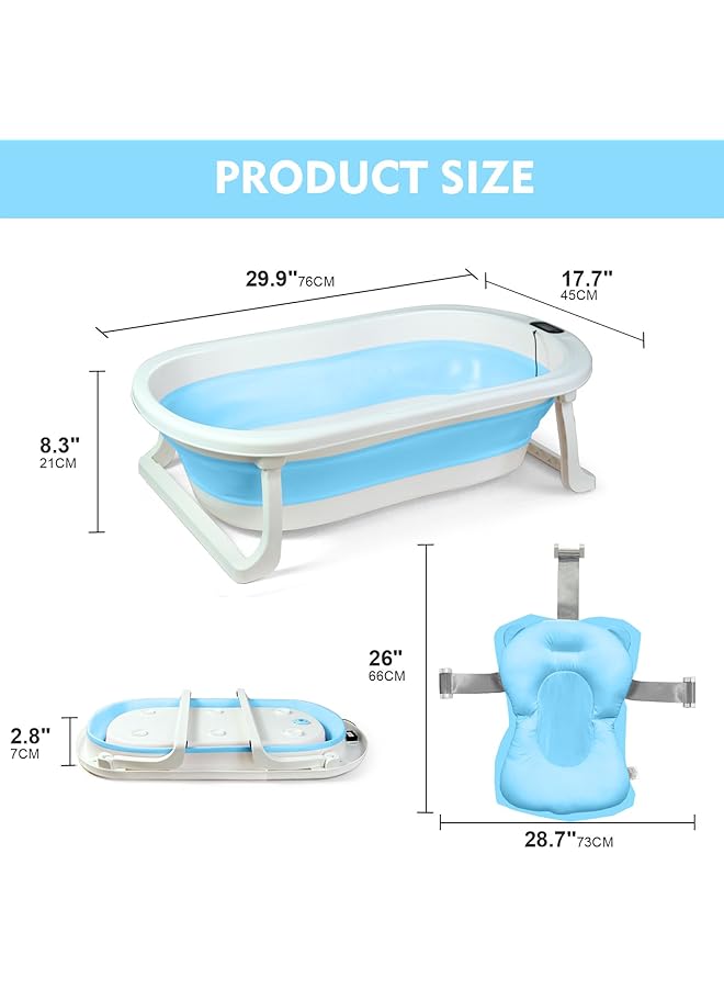 SKY-TOUCH Baby Foldable Bath Tub With Bathmat Cushion & Thermometer Portable Baby Bathtub With Drain Hole Shower Basin With Non Slip Support Leg For Boy Girl (Blue) - Image 4