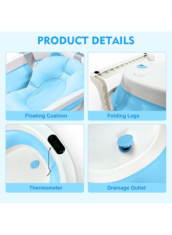 SKY-TOUCH Baby Foldable Bath Tub With Bathmat Cushion & Thermometer Portable Baby Bathtub With Drain Hole Shower Basin With Non Slip Support Leg For Boy Girl (Blue) - Image 5