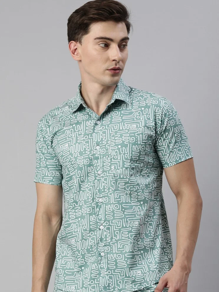 جوفن قميص كاجوال رجالي مطبوع أزرق مخضر