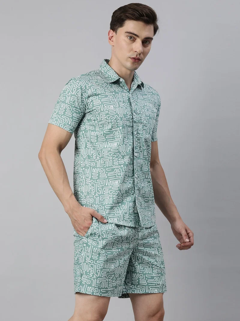 جوفن قميص كاجوال رجالي مطبوع أزرق مخضر