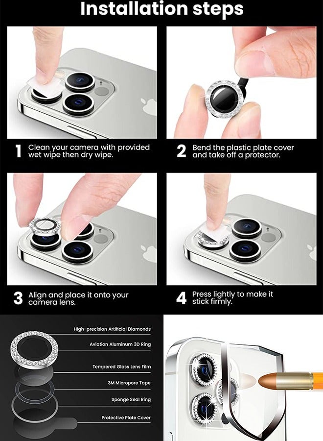 iphone 12 Pro Diamond HD Camera Lens Protector, AR electroplated Scratch proof diamond film, Clear Tempered Glass Camera Cover Screen Protector, Full Fit Lens Belt drill Ring Cover (silver) - Image 4
