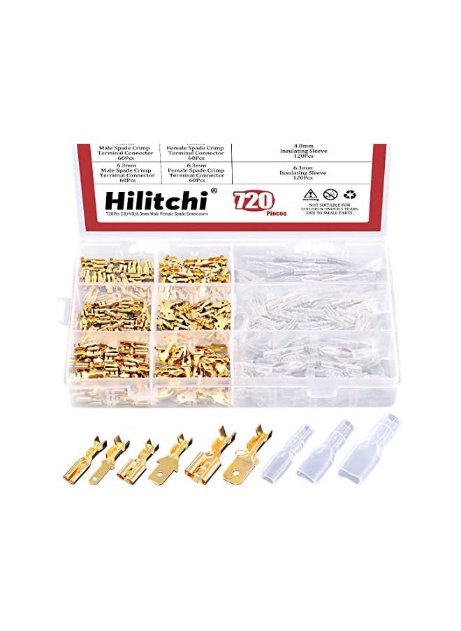 Hilitchi - Hilitchi 720Pcs Gold Quick Splice Male and Female Wire Spade Connector Wire Crimp Terminal Block with Insulating Sleeve for Electrical Wiring Car Audio Speaker, 2.8mm 4.8mm 6.3mm Assortment Kit - Image 1