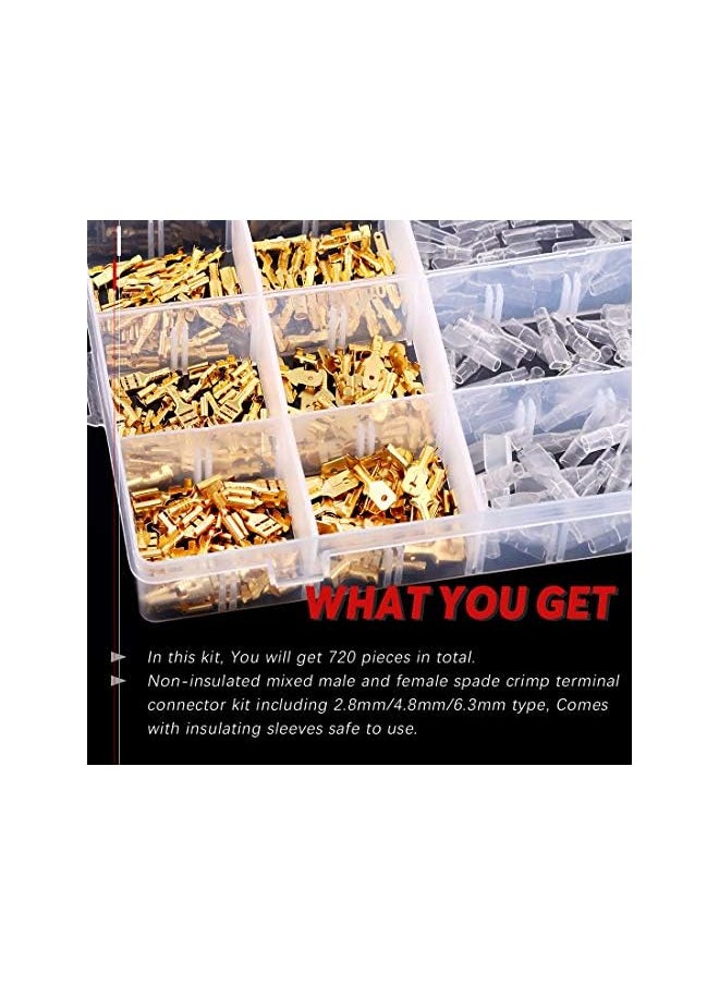 Hilitchi - Hilitchi 720Pcs Gold Quick Splice Male and Female Wire Spade Connector Wire Crimp Terminal Block with Insulating Sleeve for Electrical Wiring Car Audio Speaker, 2.8mm 4.8mm 6.3mm Assortment Kit - Image 1