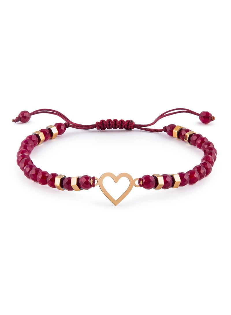 Minza “Valentine” Women’s Gold Bracelet, Pure 18K Gold Heart Plaque (0.130 g), Red Agate & Golden Hematite Beads, Handmade Adjustable Cord Bracelet, Jewelry for Casual & Special Occasion. - Image 1