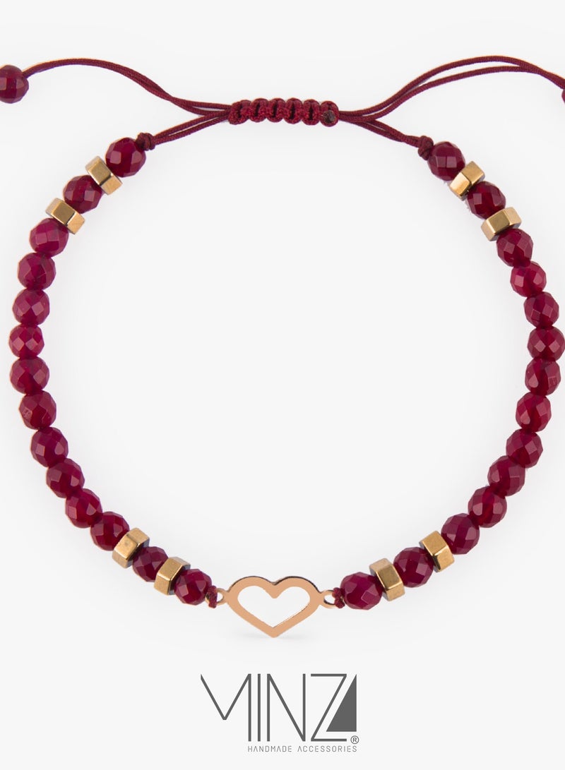 Minza “Valentine” Women’s Gold Bracelet, Pure 18K Gold Heart Plaque (0.130 g), Red Agate & Golden Hematite Beads, Handmade Adjustable Cord Bracelet, Jewelry for Casual & Special Occasion. - Image 3