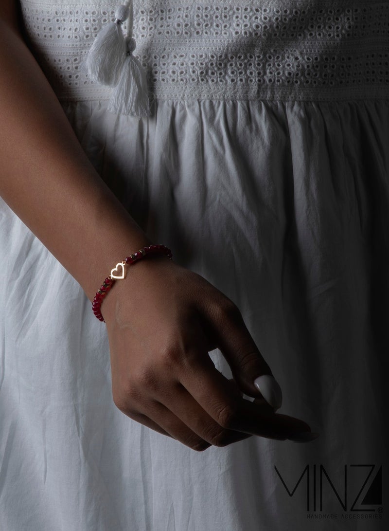 Minza “Valentine” Women’s Gold Bracelet, Pure 18K Gold Heart Plaque (0.130 g), Red Agate & Golden Hematite Beads, Handmade Adjustable Cord Bracelet, Jewelry for Casual & Special Occasion. - Image 4