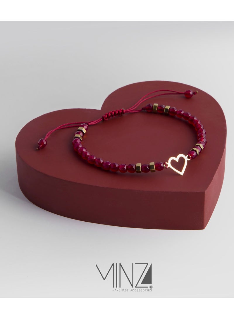 Minza “Valentine” Women’s Gold Bracelet, Pure 18K Gold Heart Plaque (0.130 g), Red Agate & Golden Hematite Beads, Handmade Adjustable Cord Bracelet, Jewelry for Casual & Special Occasion. - Image 5