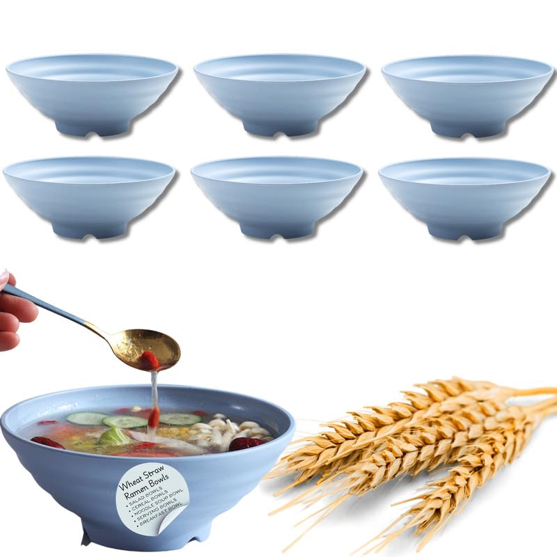 RoarCraft Bowls for Kitchen Cereal Wheat Straw Unbreakable Lightweight Bowls Set Microwave and Dishwasher Safe Reusable Bowls for Serving SoupRamen Blue 23 x 9 CM 6 PCs - Image 1