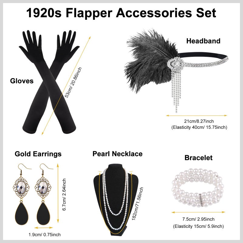PLULON 8 Pieces 1920s Flapper Great Gatsby Accessories Set Fashion Roaring 20's Theme Set with Headband Headpiece Long Black Gloves Necklace Earrings for Women(Style 3) - Image 2