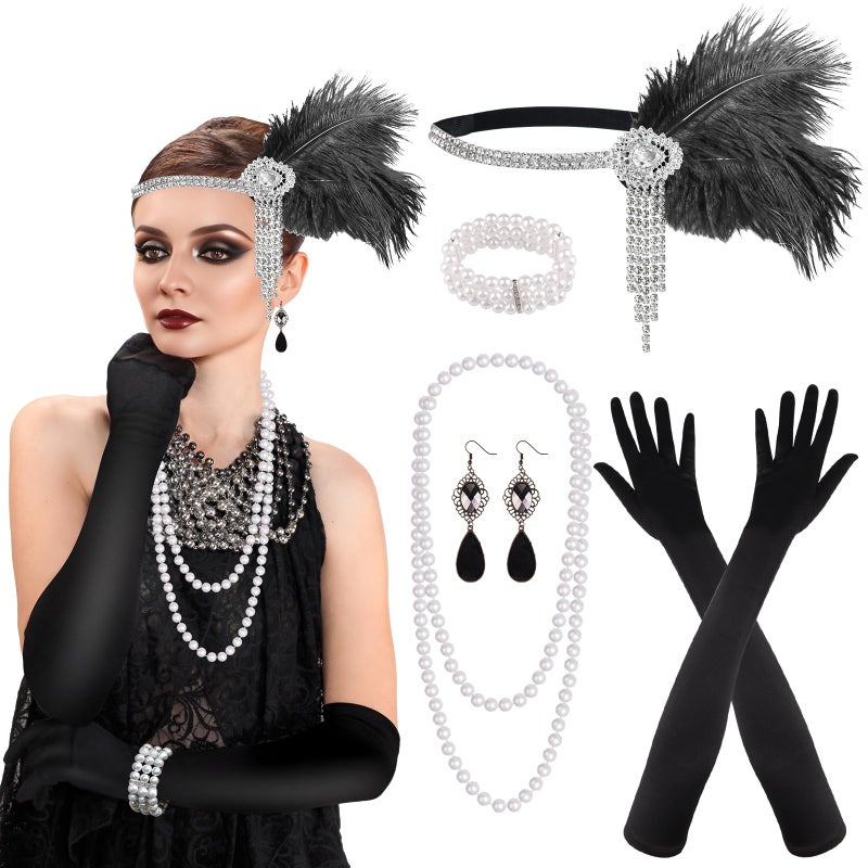 PLULON 8 Pieces 1920s Flapper Great Gatsby Accessories Set Fashion Roaring 20's Theme Set with Headband Headpiece Long Black Gloves Necklace Earrings for Women(Style 3) - Image 1