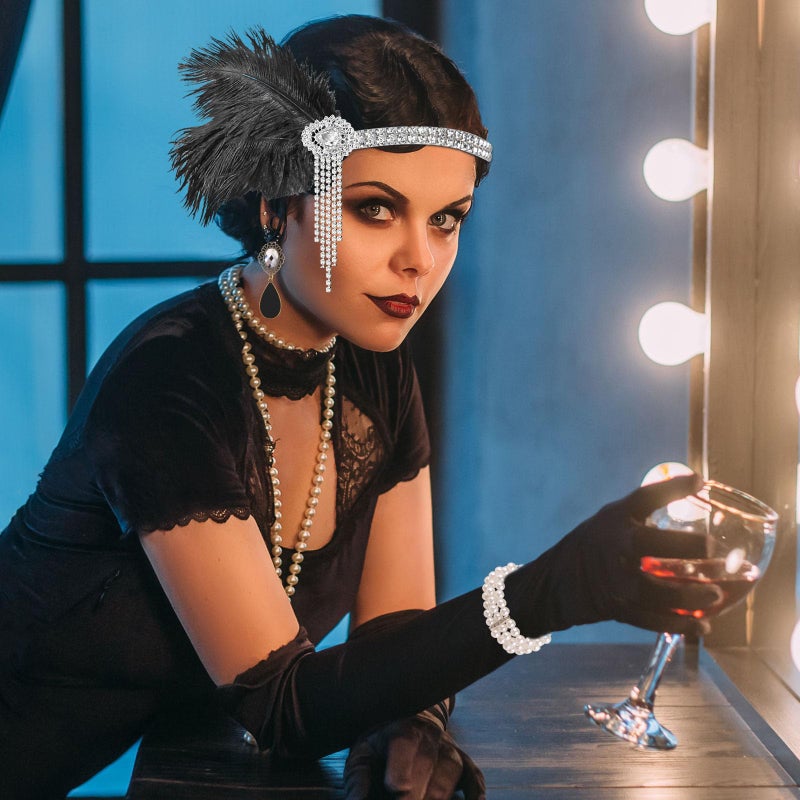 PLULON 8 Pieces 1920s Flapper Great Gatsby Accessories Set Fashion Roaring 20's Theme Set with Headband Headpiece Long Black Gloves Necklace Earrings for Women(Style 3) - Image 4