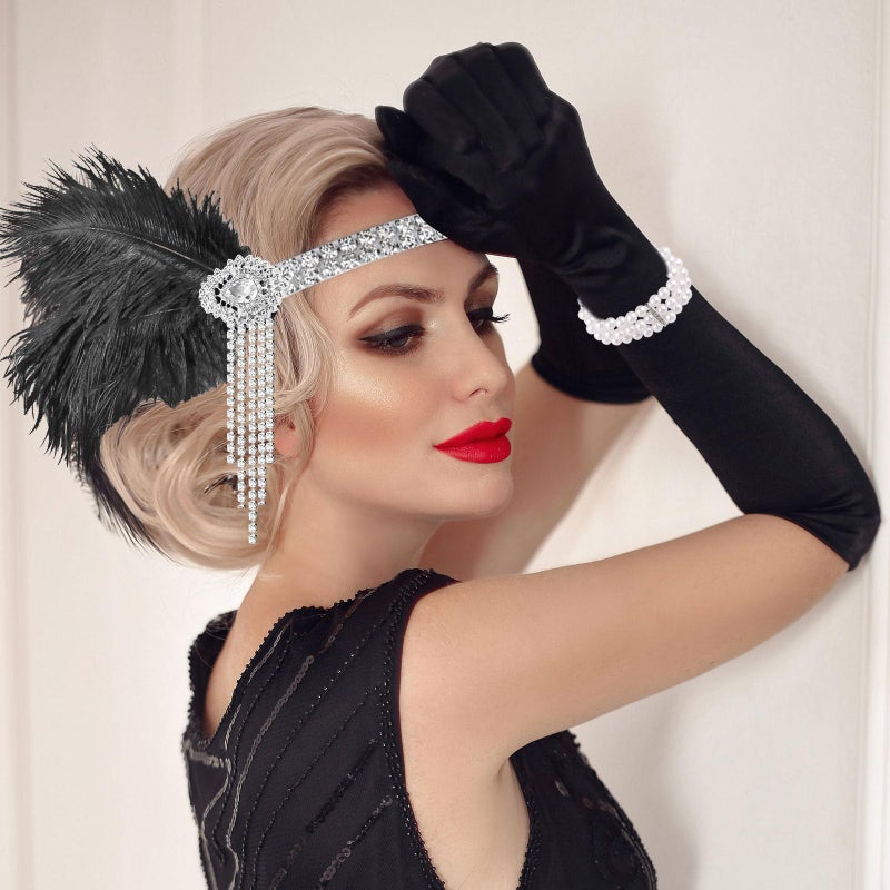 PLULON 8 Pieces 1920s Flapper Great Gatsby Accessories Set Fashion Roaring 20's Theme Set with Headband Headpiece Long Black Gloves Necklace Earrings for Women(Style 3) - Image 3