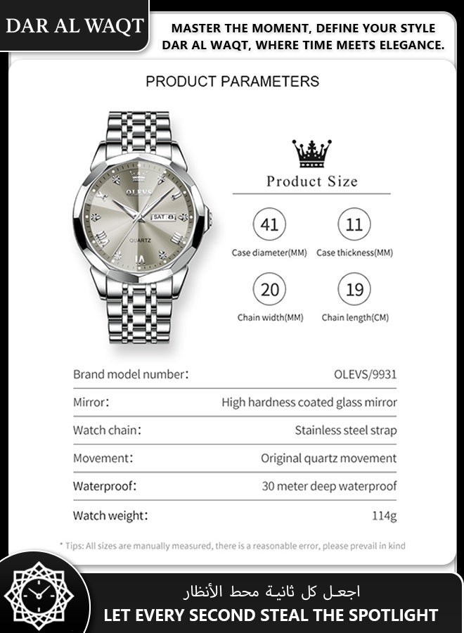 أوليفز ساعة رسمية رجالية من OLEVS – مقاومة للماء، قرص رمادي، سوار ستانلس ستيل، عقارب مضيئة - Image 5