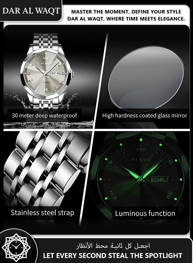 أوليفز ساعة رسمية رجالية من OLEVS – مقاومة للماء، قرص رمادي، سوار ستانلس ستيل، عقارب مضيئة - Image 4