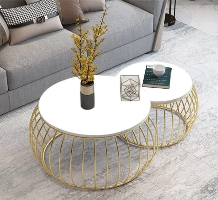 Meqstore Nesfur Nesting Round Coffee Table Set with Golden Metal Frame for Living Room Bedroom Blacony and Hall Round 2 Stacking Coffee Table 