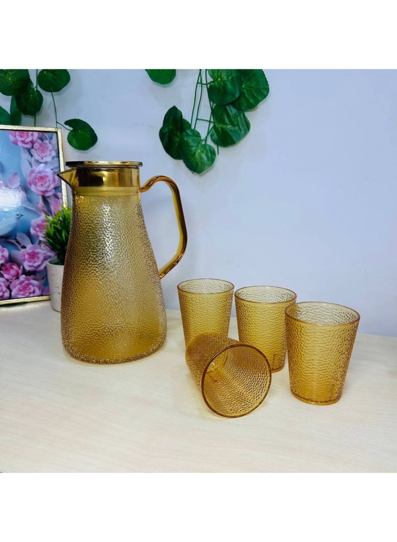 A practical 1800 ml acrylic pitcher with 4 matching cups, designed with heat and break resistance for stylish and convenient beverage serving at home or during gatherings.