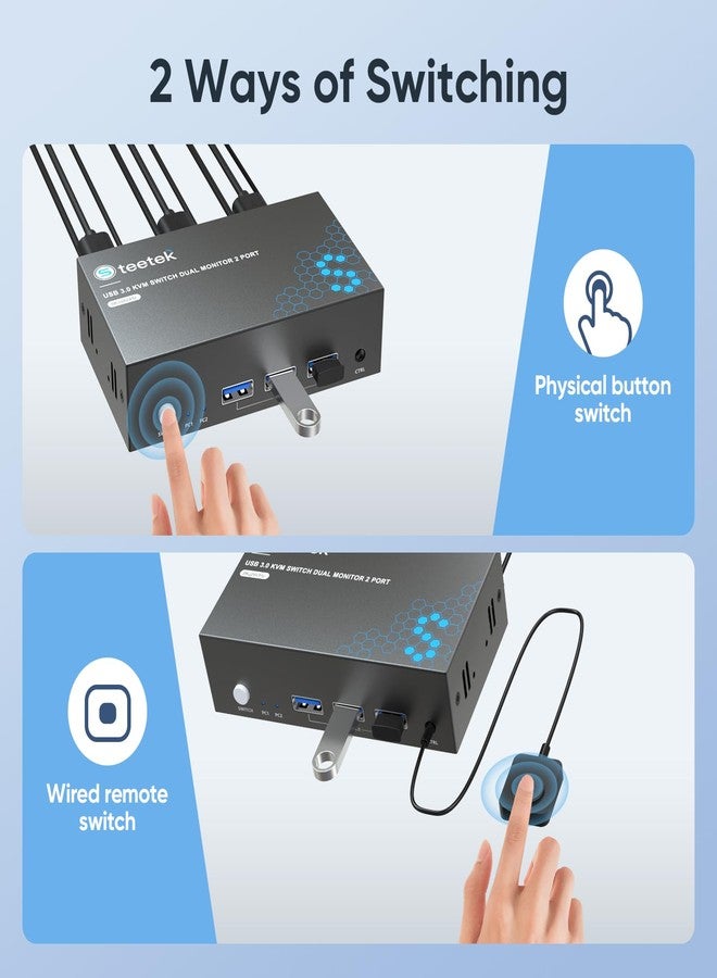 Hearvo 8K@60Hz HDMI KVM Switch for 2 Computers 2 Monitors, Dual Monitor KVM Switch with EDID Adaptive, Keyboard/Mouse/Printer Sharing, Includes 2 USB Cables & Controller -S7229H2 - Image 5