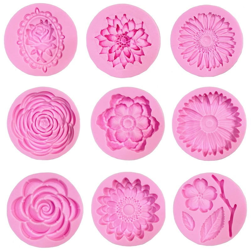 DDlife 9 Pcs Flowers Fondant Molds Silicone Molds for Cupcake Dessert Chocolate Jelly Cookie Decor Jewelry Pastry ChocolateHandmade Soap Mould Candy Making