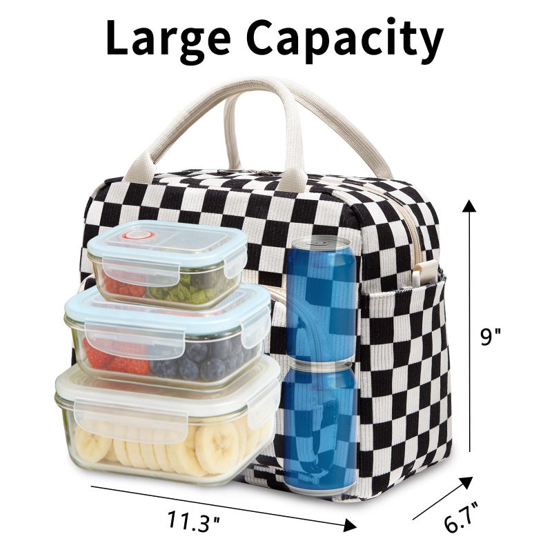 GASSDA Lunch Box for Women Insulated Lunch Bag Women Adult Cute Lunch Bags Reusable Lunchbox Cooler Tote Bag for Work Picnic (Black-White Plaid) - Image 3